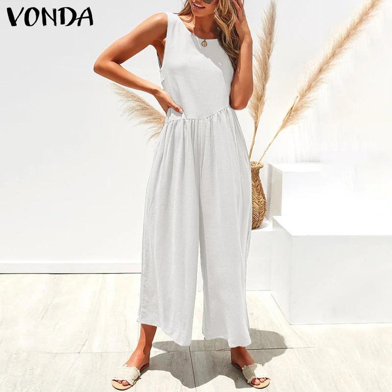 Женские комбинезоны VONDA, летние сексуальные однотонные Свободные Комбинезоны без рукавов, повседневные широкие длинные штаны, брюки