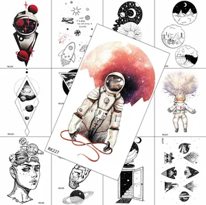 Временная Акварельная наклейка астронавта для татуировок, лист с имитацией тела, переводная наклейка с геометрическим рисунком Галактики для взрослых, Реалистичная татуировка