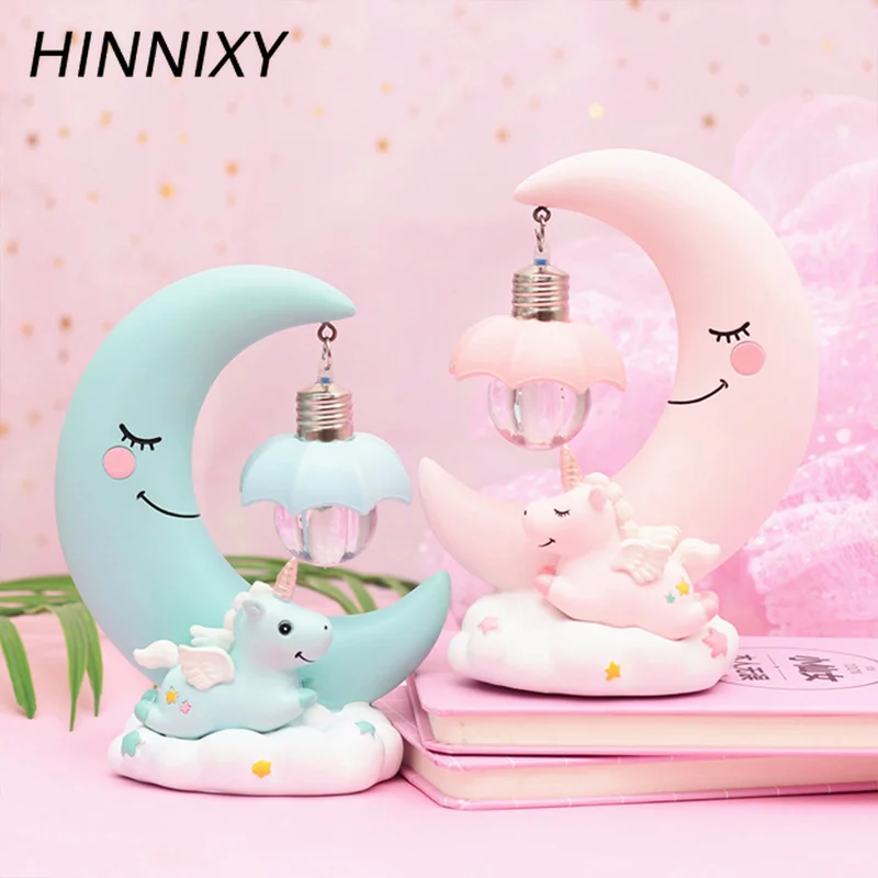 Hinnixy Moon Unicorn Ночная светло-розовая синяя Милая мультяшная смоляная настольная