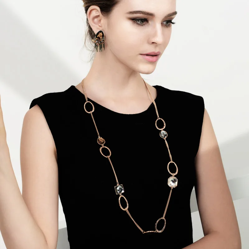 Neoglory кристалл сплав розовое золото цвет Брендовое длинное ожерелье массивные