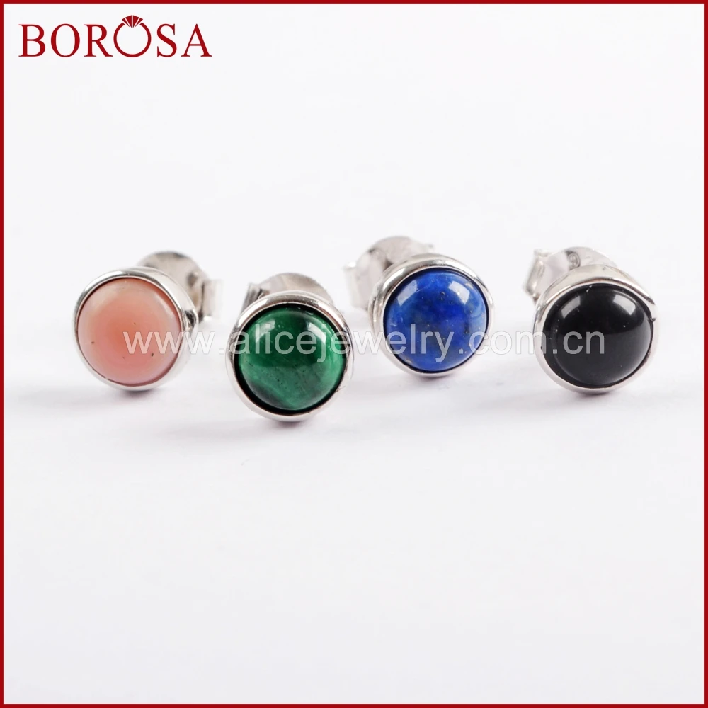 BOROSA 5 пар чистый серебряный ободок 7 мм круглый розовый опал серьги-гвоздики лазурит Druzy серьги ювелирные изделия для женщин девочек SS196
