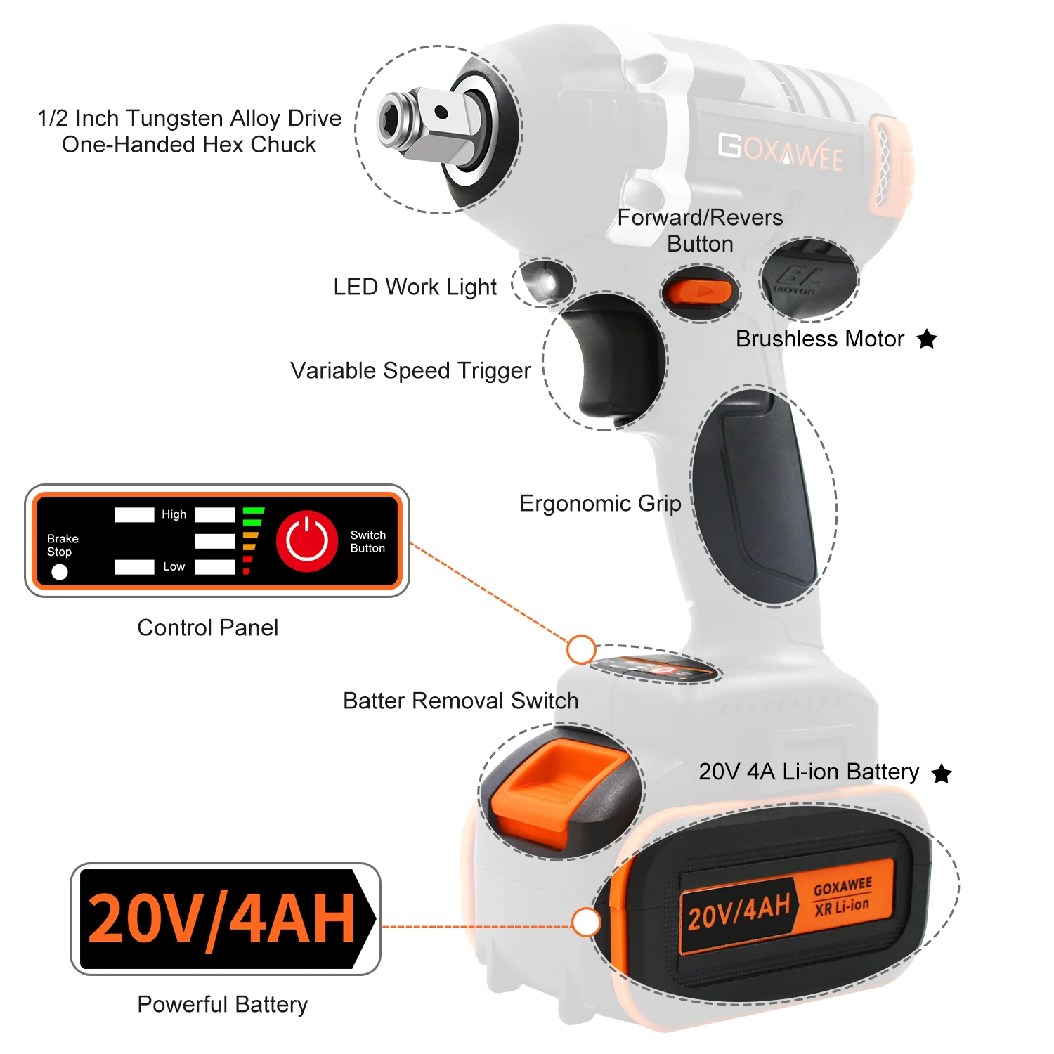 GOXAWEE 40000Amh аккумуляторная электрическая ключ, дюймовый стандарт 21V бесщеточный ударный гайковерт пневматический разъем ключ, дюймовый стандарт зарядки литий-Батарея ручная дрель Мощность инструменты