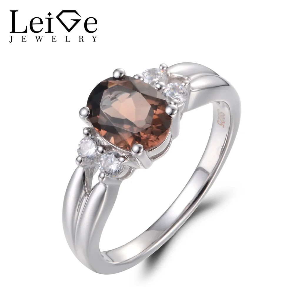 

Leige Jewelry Real Natural Brown Smoky Quartz Promise Rings Oval Cut Gemstone Solid 925 Sterling Silver Vintage Rings for Her