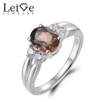 Leige Jewelry Real Natural Brown Smoky Quartz Promise Rings Oval Cut Gemstone Solid 925 Sterling Silver Vintage Rings for Her