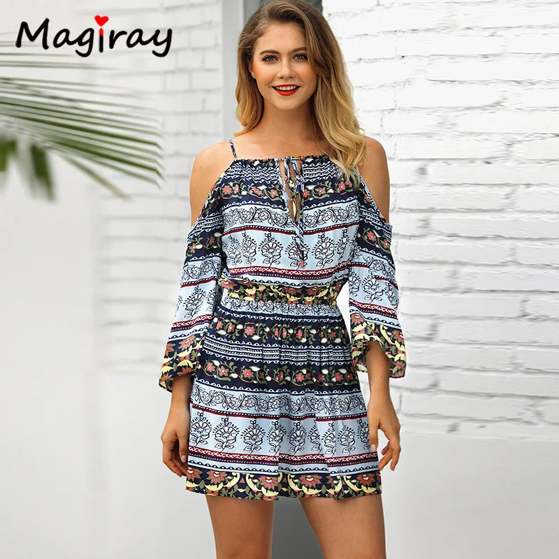 Magiray, Пляжное мини платье с длинным рукавом, женское, лето, бохо, Цветочный, с открытыми плечами, на шнуровке, для вечеринки, сарафан, женское, сексуальное, 45