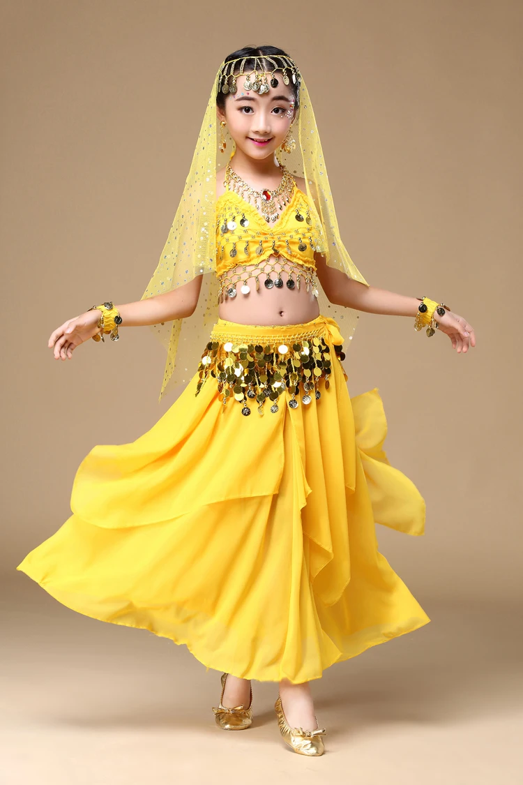 5 colors 4-5-6pcs girls Belly Dance Costume kids Indian Dancing Performance red/rose/yellow/purple/sky blue Clothing Stage skirt |