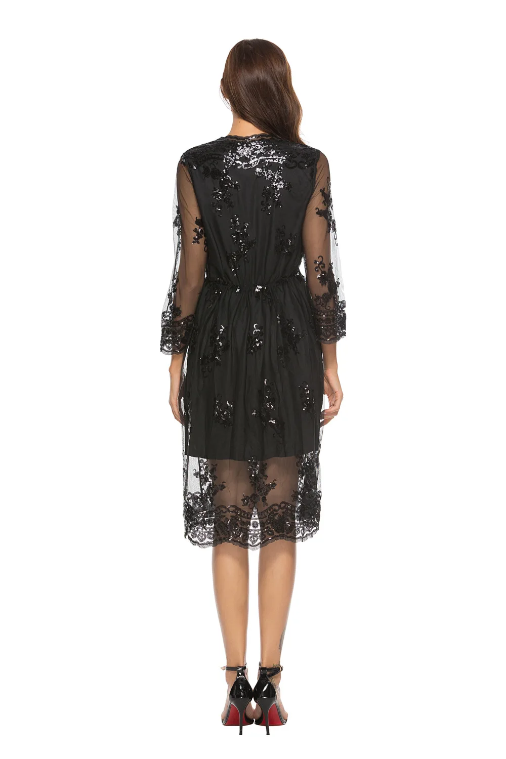 

V neck long sleeve sequin party dresses women Sexy mesh streetwear christmas midi dress female 2018 autumn dress vestido