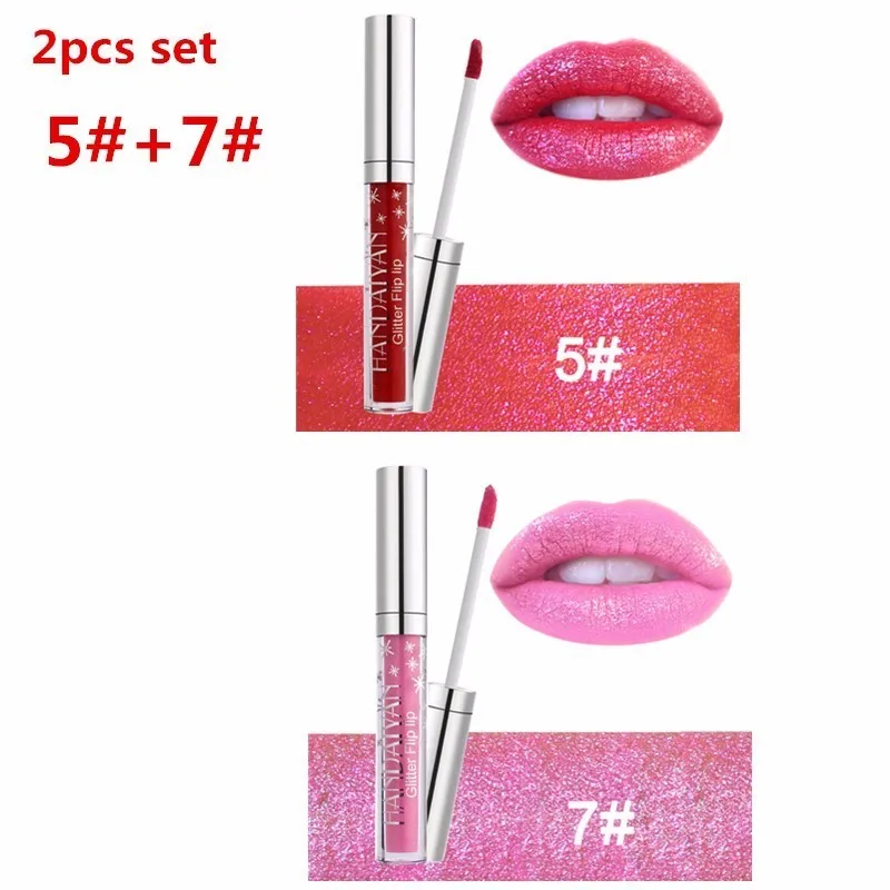 2pcs 5a7 HANDAIYAN Блестящий Блеск для губ с изображениями искрящихся влажным блеском помада блеск Губная помада блеск Флип губная помада с блестками Водонепроницаемый Макияж для губ 7/2 шт - Цвет: 2pcs 5a7