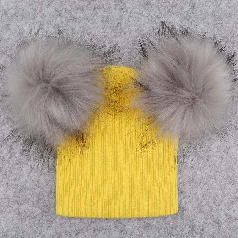 light yellow 1 GZHilovingL/модные вязаные шапочки для маленьких мальчиков и девочек с двойным меховым помпоном; зимние мягкие хлопковые Полосатые Шляпы; Кепка Skullies для детей - Цвет: light yellow 1