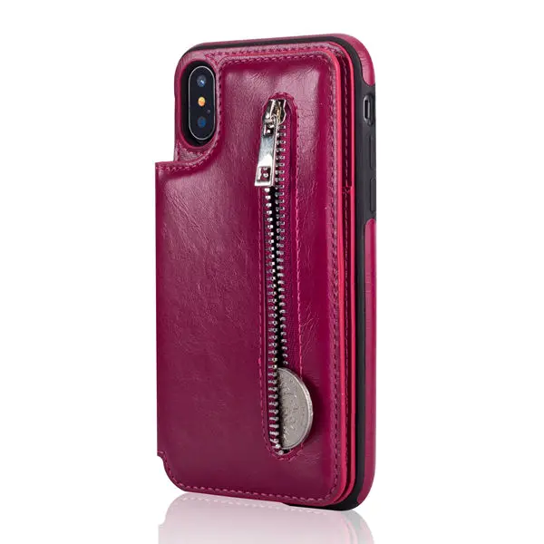 Розово-красный Чехол для телефона на молнии s для iPhone X XS MAX XR, держатель для нескольких карт, кожаный чехол-бумажник для iPhone 8, 7, 6 S, 6 Plus - Цвет: Розово-красный
