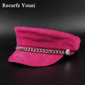 Зимний женский берет из натуральной кожи с серебряной цепочкой RY0108 2021, женскаяСтуденческая замшевая шапка из свиной кожи Красногорозового цвета, шапка в стиле хип-хоп