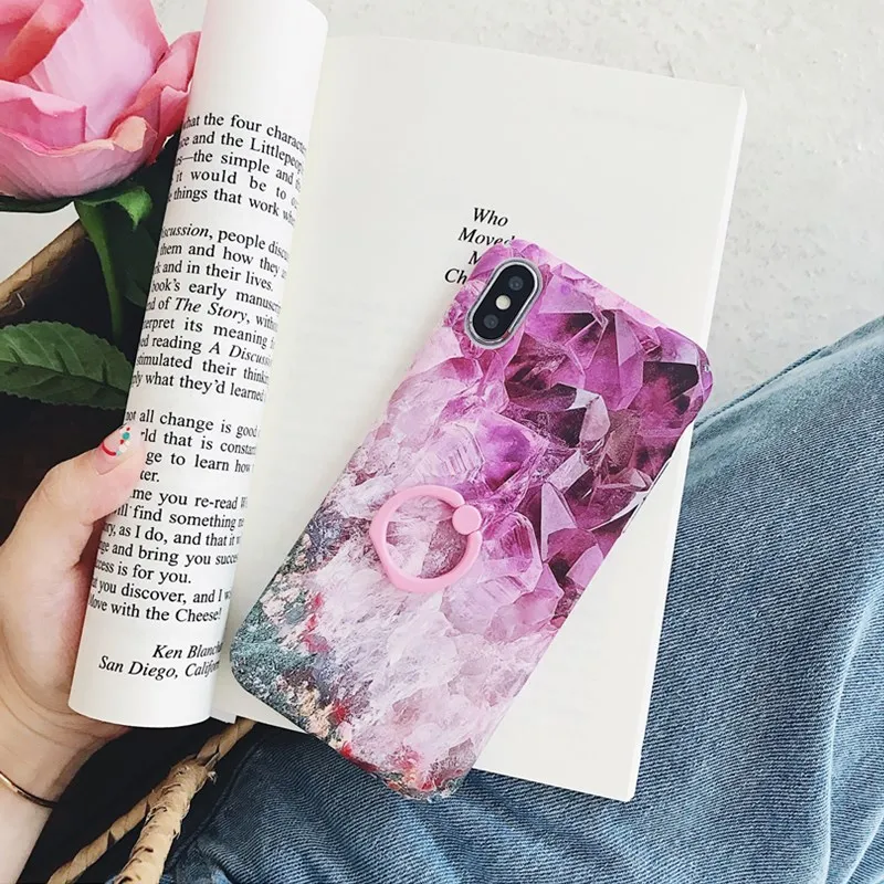 Luxury Jade Purple Diamond Pattern Phone Case for IPhone 7 Ring Bracket 6 6s 8 Plus X Ultra Slim Hard Back Cover |