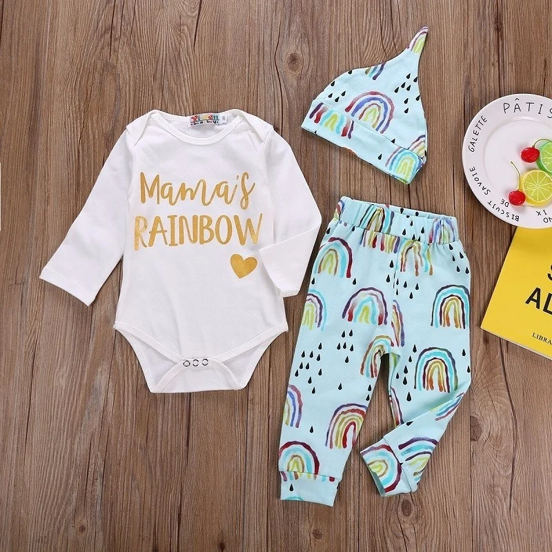 Newborn Baby Girl Boy Long Sleeve Romper Bodysuit Rainbow Pants and Hat Outfit 3Pcs Set | Детская одежда и обувь