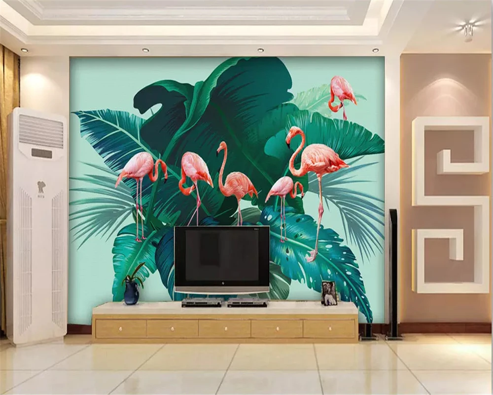 

beibehang Custom stereoscopic wall paper Nordic fresh and simple rainforest banana leaves flamingo pastoral background wallpaper