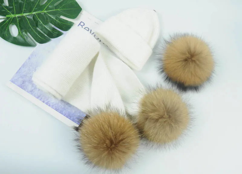 Set white N Детский вязаный шарф и шапка, Модный комплект из 2 предметов для маленьких девочек и мальчиков, однотонный зимний теплый меховой комплект с помпонами, вязаная шапка+ шарф - Цвет: Set white N