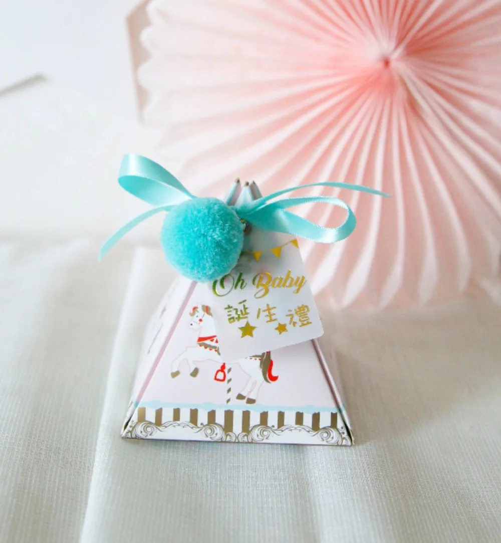 Новые Треугольные крестины Baby Shower синий/розовый мультфильм лошадь конфеты коробки с лентой& Бирки& шары крещение вечерние коробки подарка