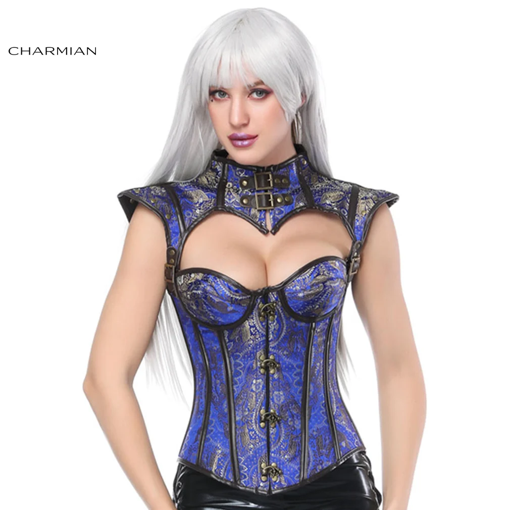 Blue Charmian, Женский Готический стимпанк корсет, сексуальный корсет со стальными косточками, верхний корсет, корсеты и бюстье, утягивающий Талию корсет - Цвет: Blue