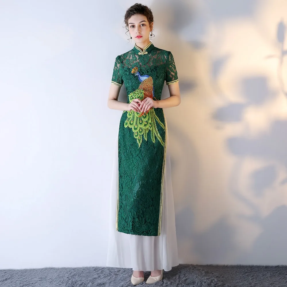 

Зеленое Кружевное платье-Ципао Qipao с вышивкой, современное китайское традиционное свадебное платье, женское Восточное сексуальное длинное ...