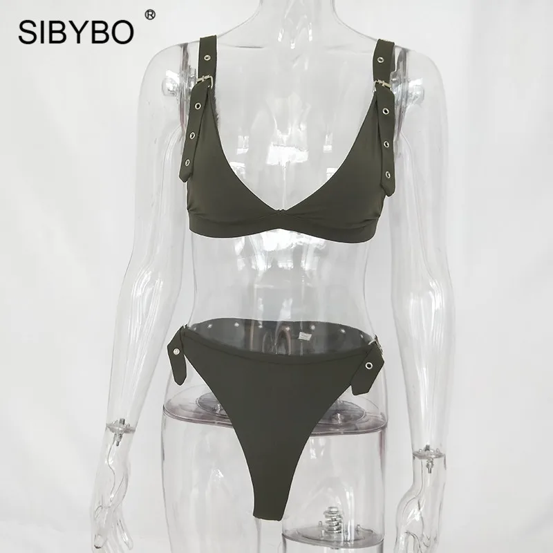 Sibybo, регулируемый ремень, спагетти ремень, сексуальный боди для женщин, v-образный вырез, обтягивающий комплект из двух предметов, женский комбинезон, пляжные женские комбинезоны - Цвет: Армейский зеленый