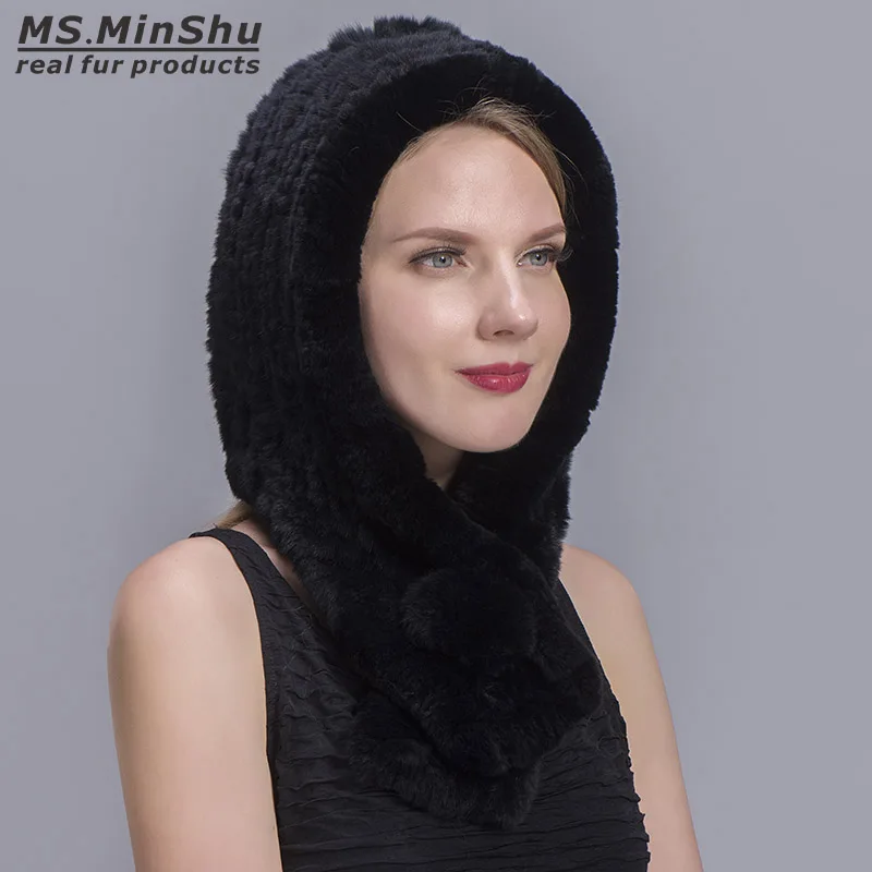 Женский вязаный шарф с капюшоном MS.MinShu из натурального меха кролика Рекс модная