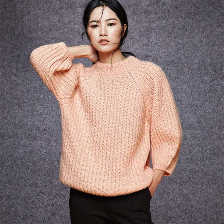 Женский шерстяной вязаный свитер однотонный Свободный пуловер с круглым вырезом
