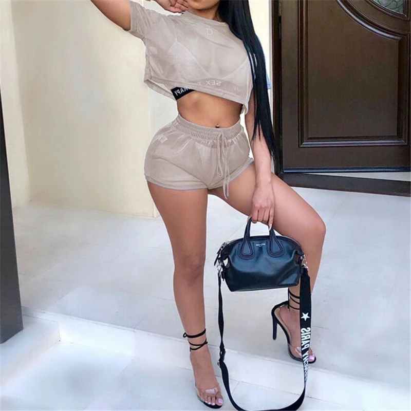 Летний женский комплект из двух предметов сетчатый короткий топ и шорты