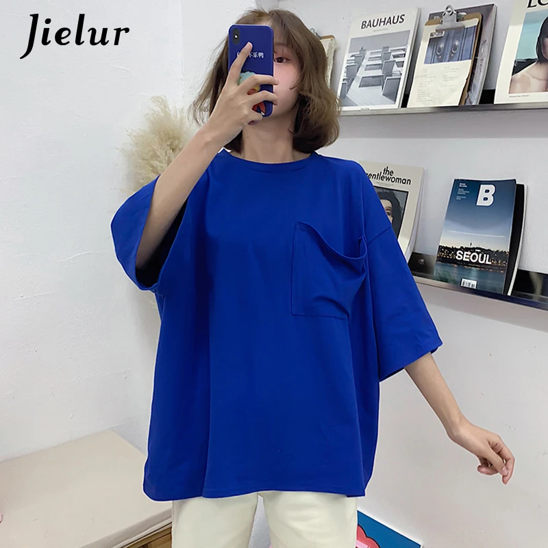 Jielur корейский стиль Женский футболки чистый цвет негабаритных женские Топы Harajuku