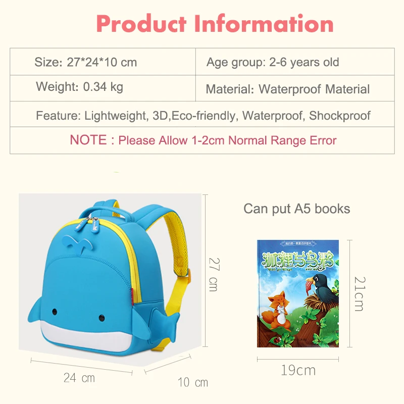 

NOHOO Children School Bags Waterproof Cartoon Animals Whale School Backpacks for Kids Large Capacity Backpacks for Children