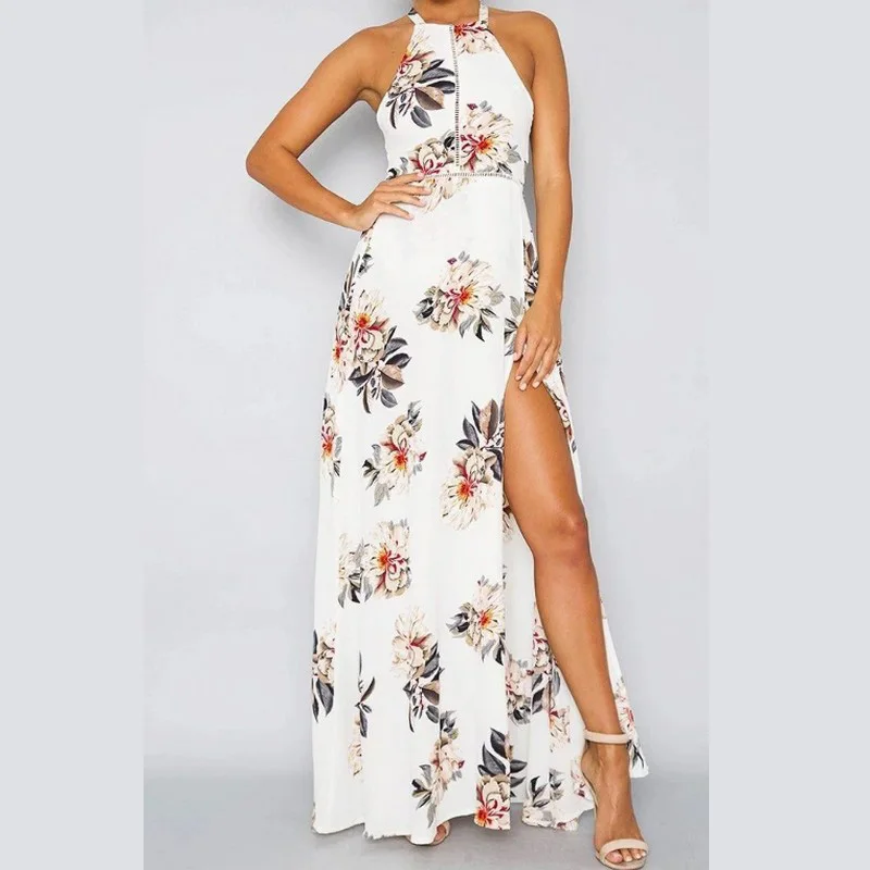 Женское длинное шифоновое платье без рукавов с цветочным принтом на шнуровке