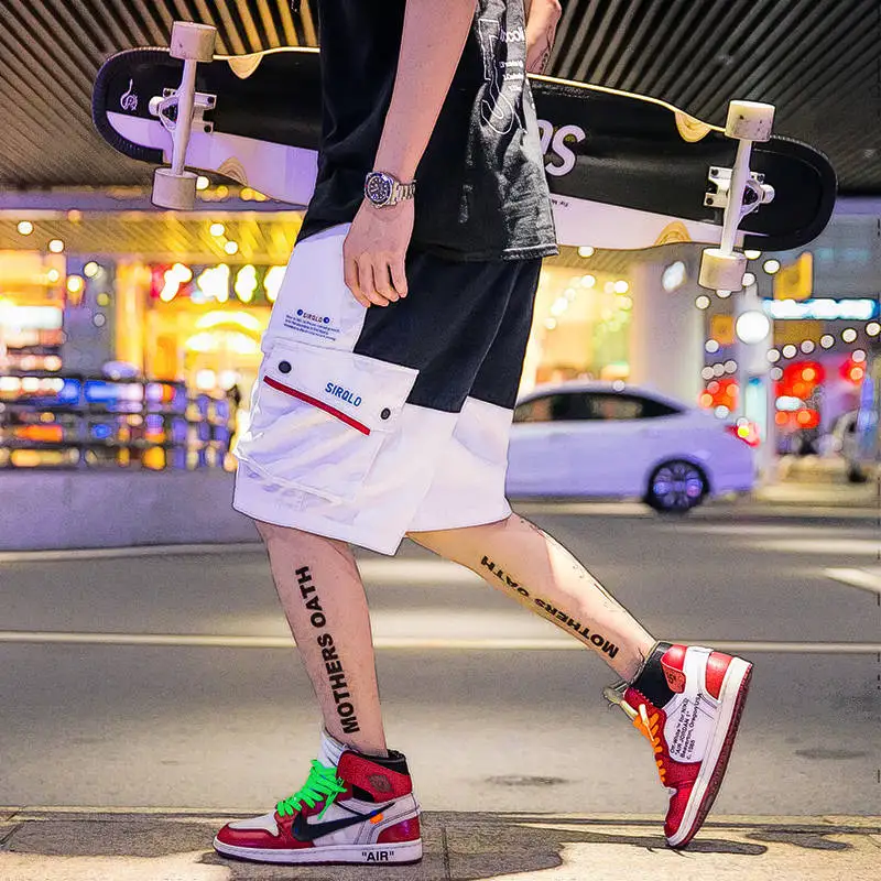 

Men Cargo Shorts Streetwear Casual High Street Loose Short Pants Military Summer Knee Length Shorts Men Funny Hip Hop Shorts