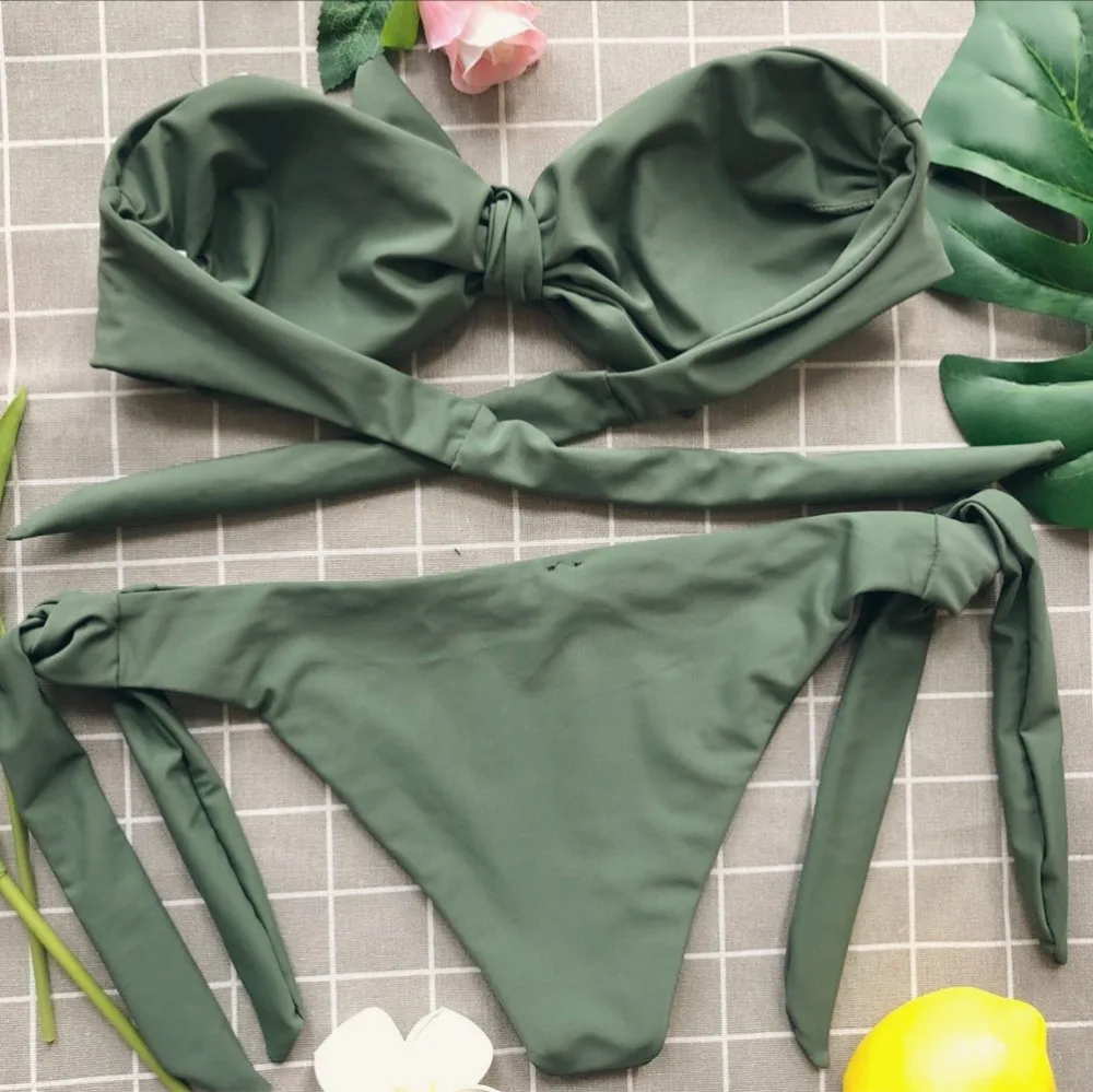 Горячий Зеленый бандо без бретелек узел галстука верх низ бикини для девочек