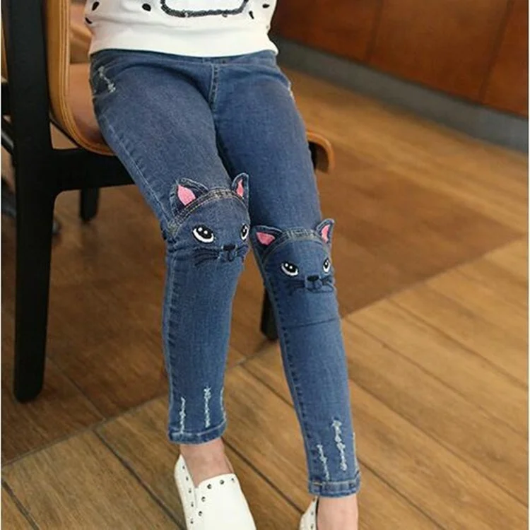Детские джинсы с рисунком кота весенние тонкие вышивкой для девочек 2019 | Мать и