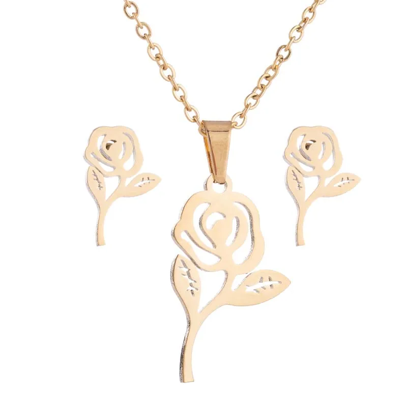 necklace set 059 Hfarich Мода Кролик Дерево Микки крест молния кулон из сердца с цветами ожерелье из нержавеющей стали ожерелье, комплект украшений для женщин - Окраска металла: necklace set 059