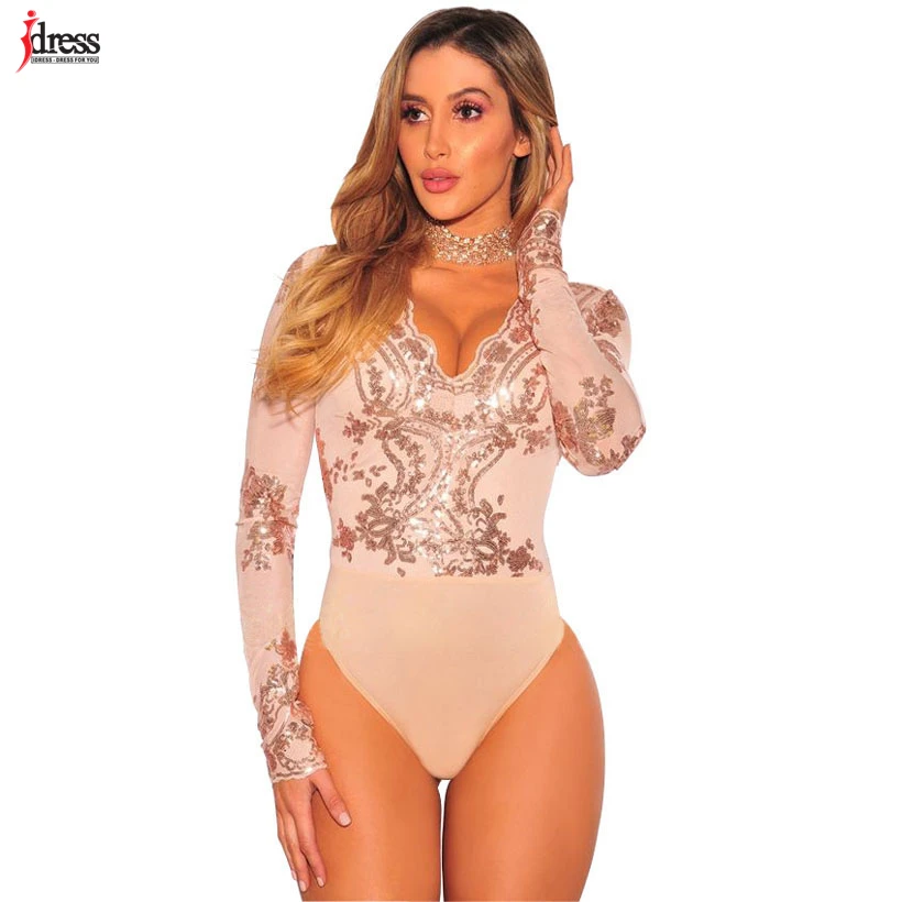 Сексуальное черное Золотое боди IDress с блестками женское Клубное длинным рукавом