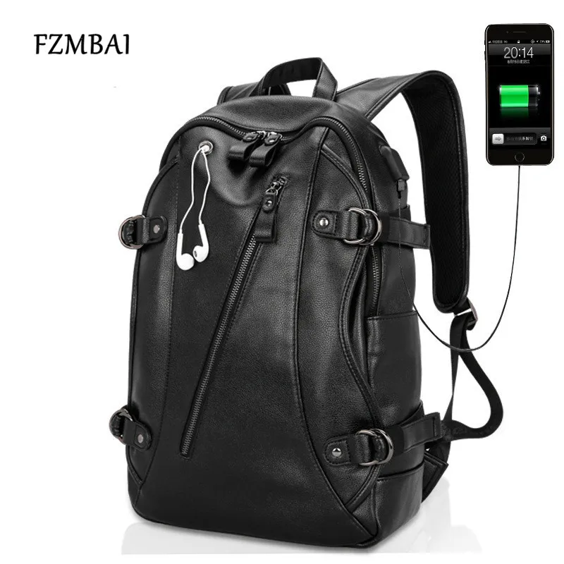 

USB Design Men Black PU Leather Backpack, High Quality Casual Large Capacity Backpacks for School Travel Bag