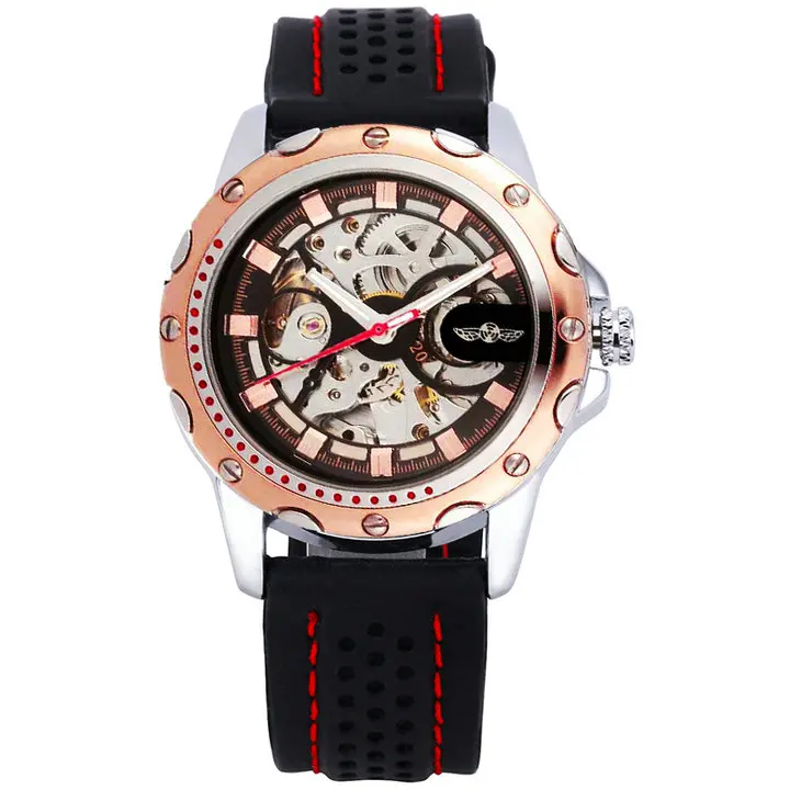 ROSE GOLDEN BLACK Лучшие продажи, спортивные часы для мужчин, скелет, автоматические механические наручные часы, резиновый ремешок, роскошный бренд, дизайн, победитель, золотые часы - Цвет: ROSE GOLDEN BLACK