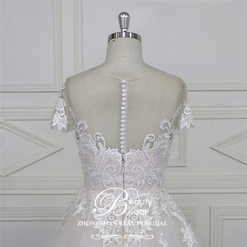 Beautybridal Custom made lace Beads Wedding Dresses round illusion neckline wedding gown short sleeves Vestido de Noiva LS706 | Свадьбы и