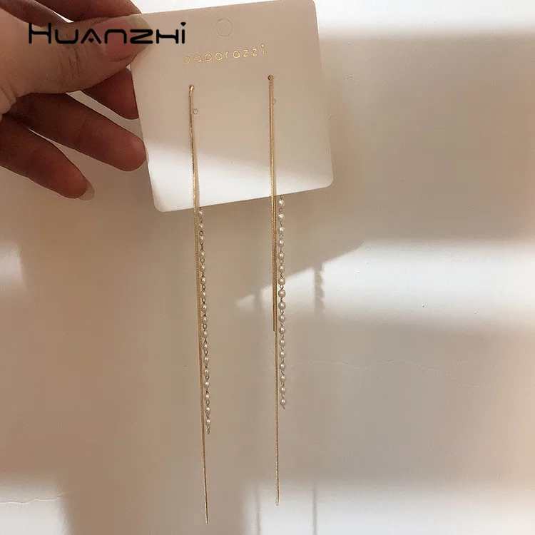 HUANZHI, новинка, элегантные, шикарные, S925, имитация жемчуга, кисточка, точка, линия, длинные висячие серьги для женщин, девушек, вечерние, для путешествий, подарок, ювелирное изделие