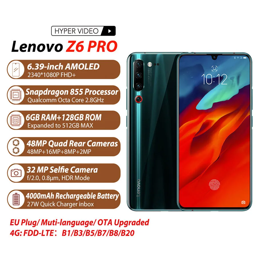 Глобальная версия Lenovo Z6 Pro 6 ГБ 128 4000 мАч Snapdragon 855 мобильный телефон 39 дюймов 48 МП