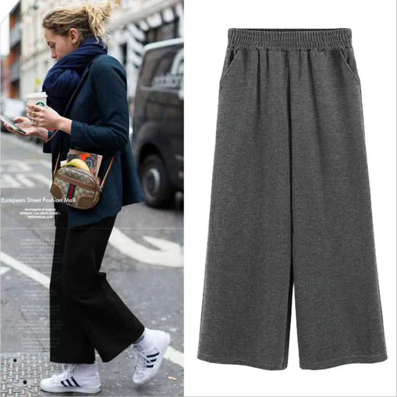 

2017 Winter Women Wide Leg Pants Plus Velvet Thick Oversize Casual High Waist Female Pants Black