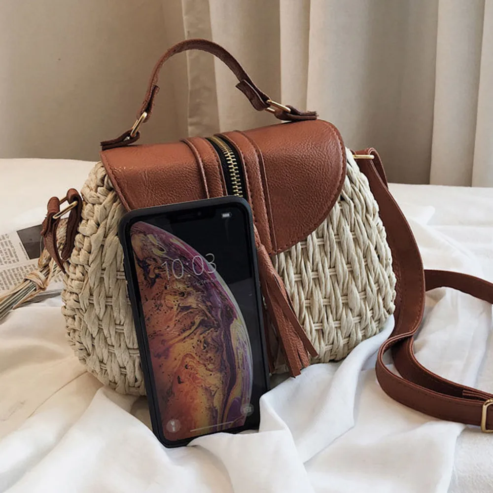 Женская соломенная сумка на плечо пляжная через с кисточками лето 2019|Сумки