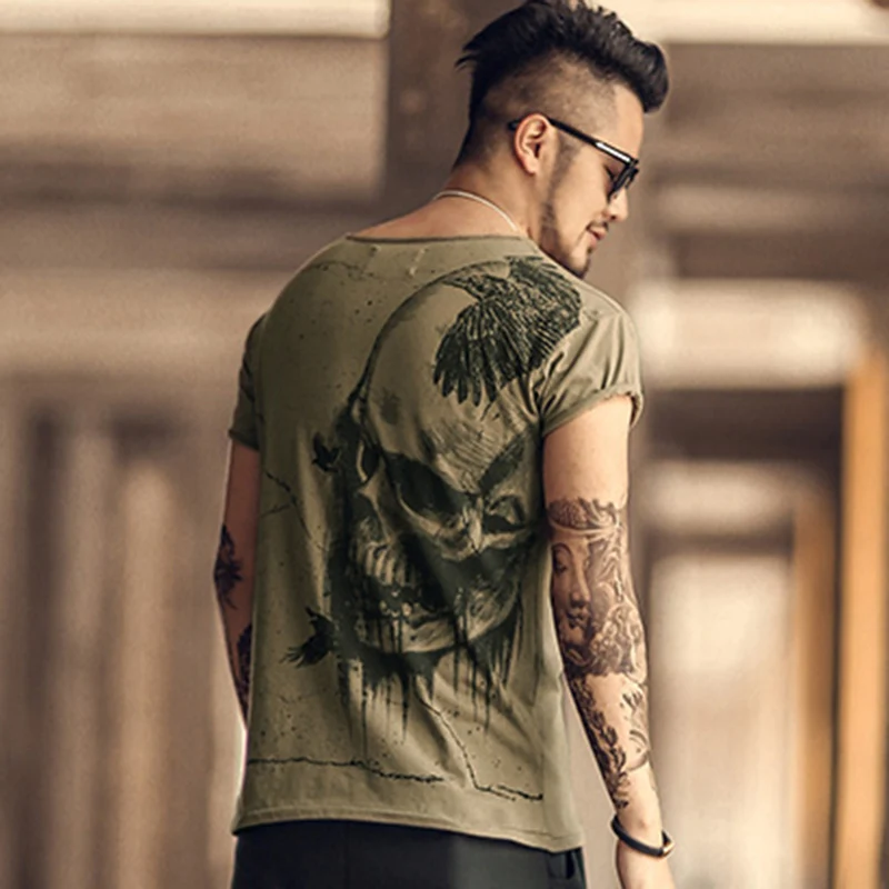 Мужская хлопковая футболка с коротким рукавом повседневная облегающая принтом