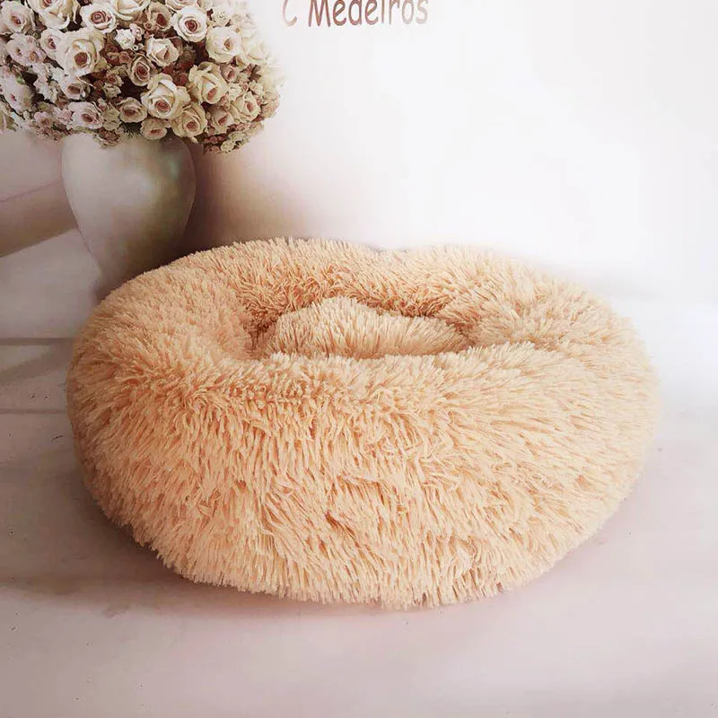 Лохматый искусственный мех пончик Cuddler круглый теплый плюшевый внутренний домик для кошек собачья кровать для лагер собак Водонепроницаемость 80 см 100 см - Цвет: khaki