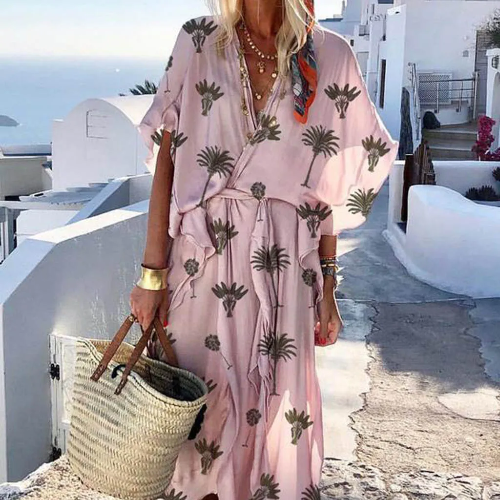 Женская одежда летнее повседневное свободное богемное платье с v образным
