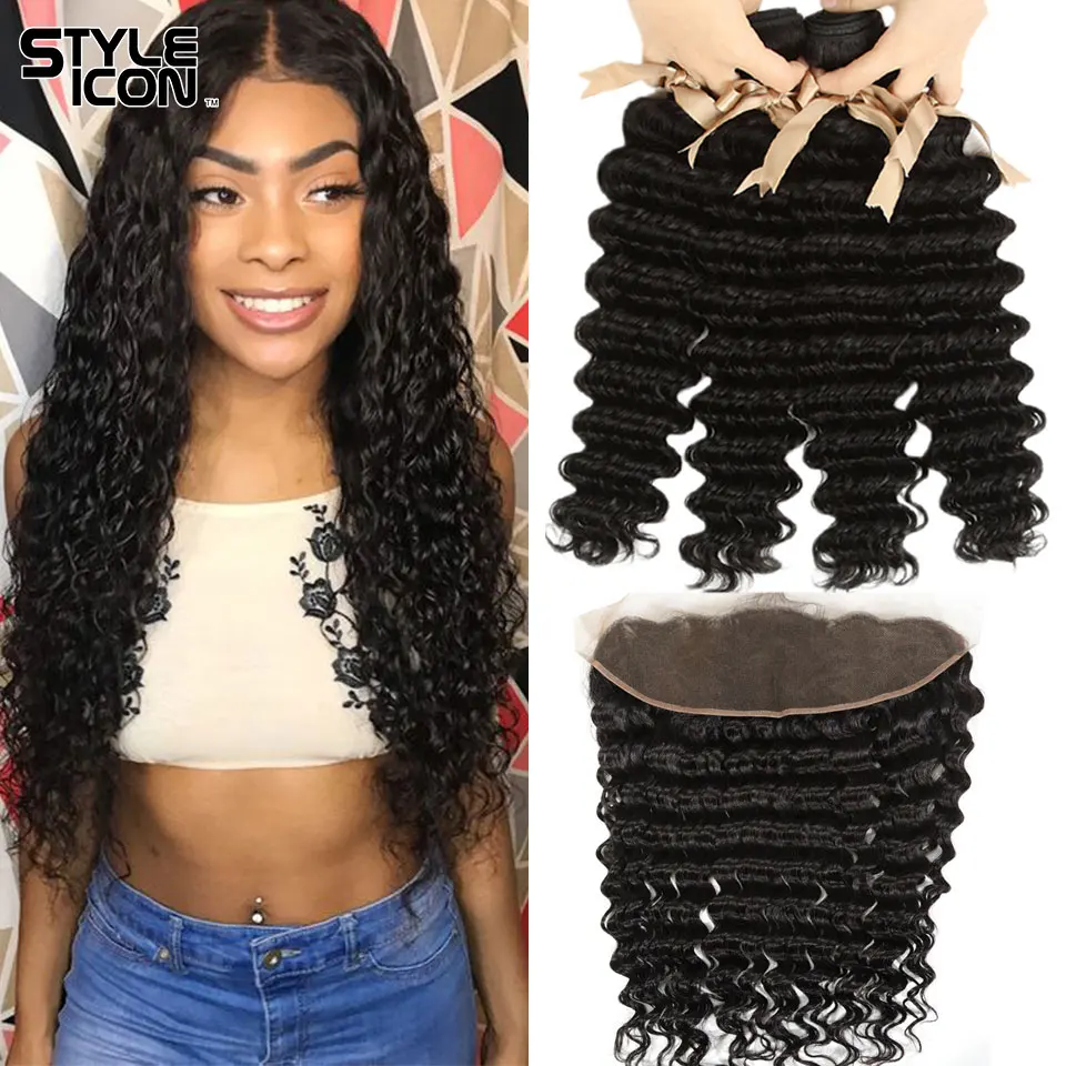 Styleicon Hair Loose Deep Wave Bundles with Frontal Indian Deep Wave Frontal with Bundles Human Hair Weaves with Closure 13x4