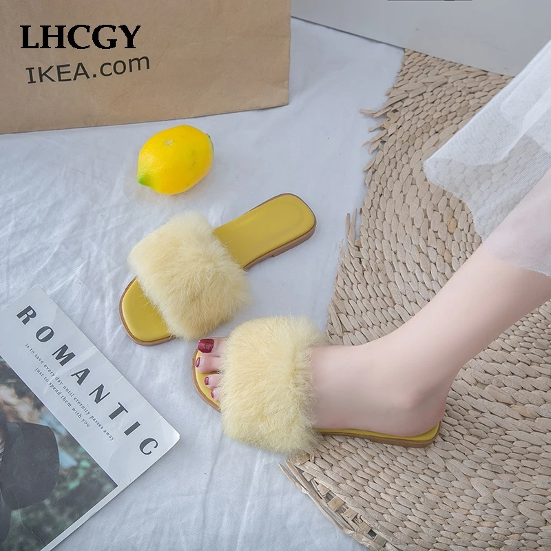 Женские шлепанцы Новинка 2019 года меховые ярких цветов женская обувь Вьетнамки
