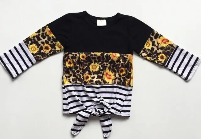 sunflower baby Новая осенне-зимняя детская одежда для маленьких девочек mommy& me, Леопардовый топ с галстуком-бабочкой и подсолнухом, Футболка реглан из хлопка, в полоску, с длинными рукавами - Цвет: sunflower baby