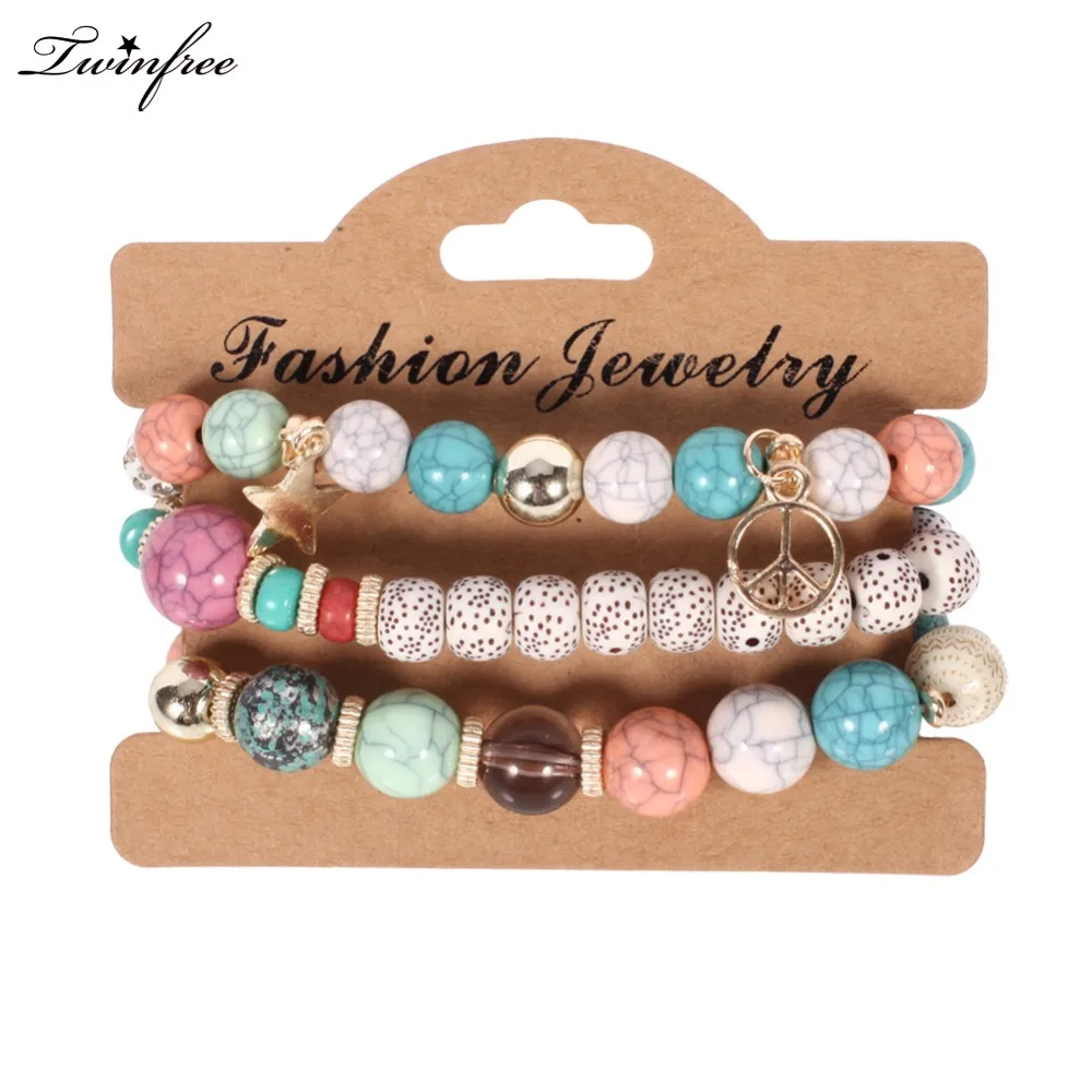 2017 модные богемные 3 Многослойные браслеты с бусинами кисточками и звездами мира