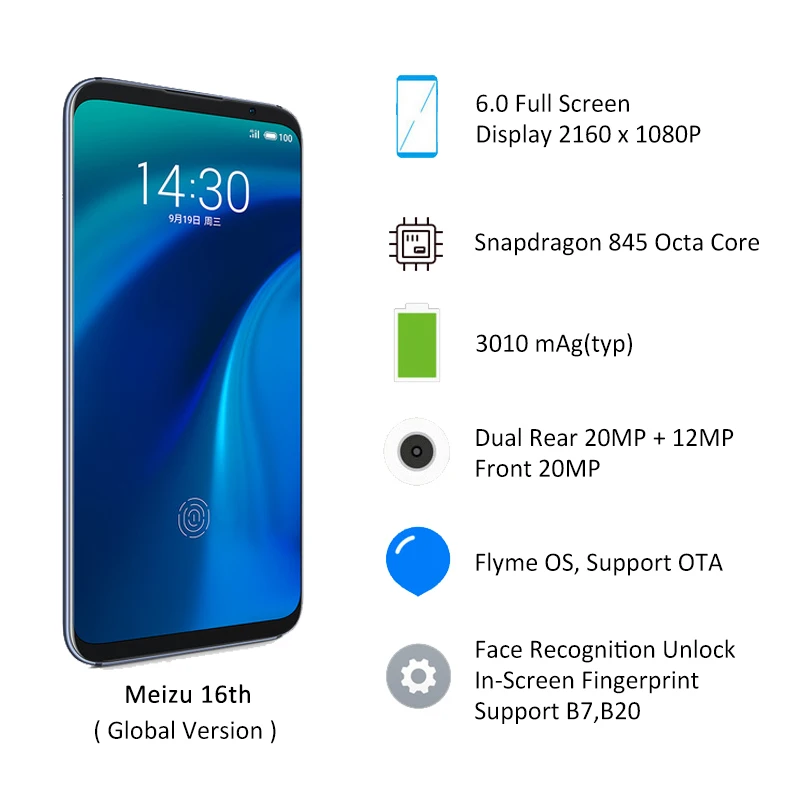 Meizu 16th, 6 ГБ, 64 ГБ, глобальная версия, Смартфон Snapdragon 845, четыре ядра, FHD экран 6,0 дюйма, распознавание лица, разблокировка, двойной динамик