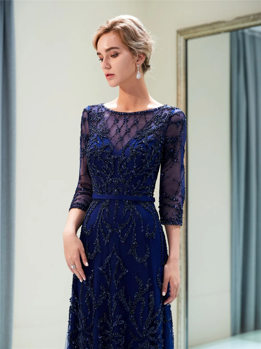 Forevergracedress Navy Blue Illusion Evening Dresses 2019 Beading With Long Sleeves Formal Party Gowns Plus Size Custom Made | Свадьбы и